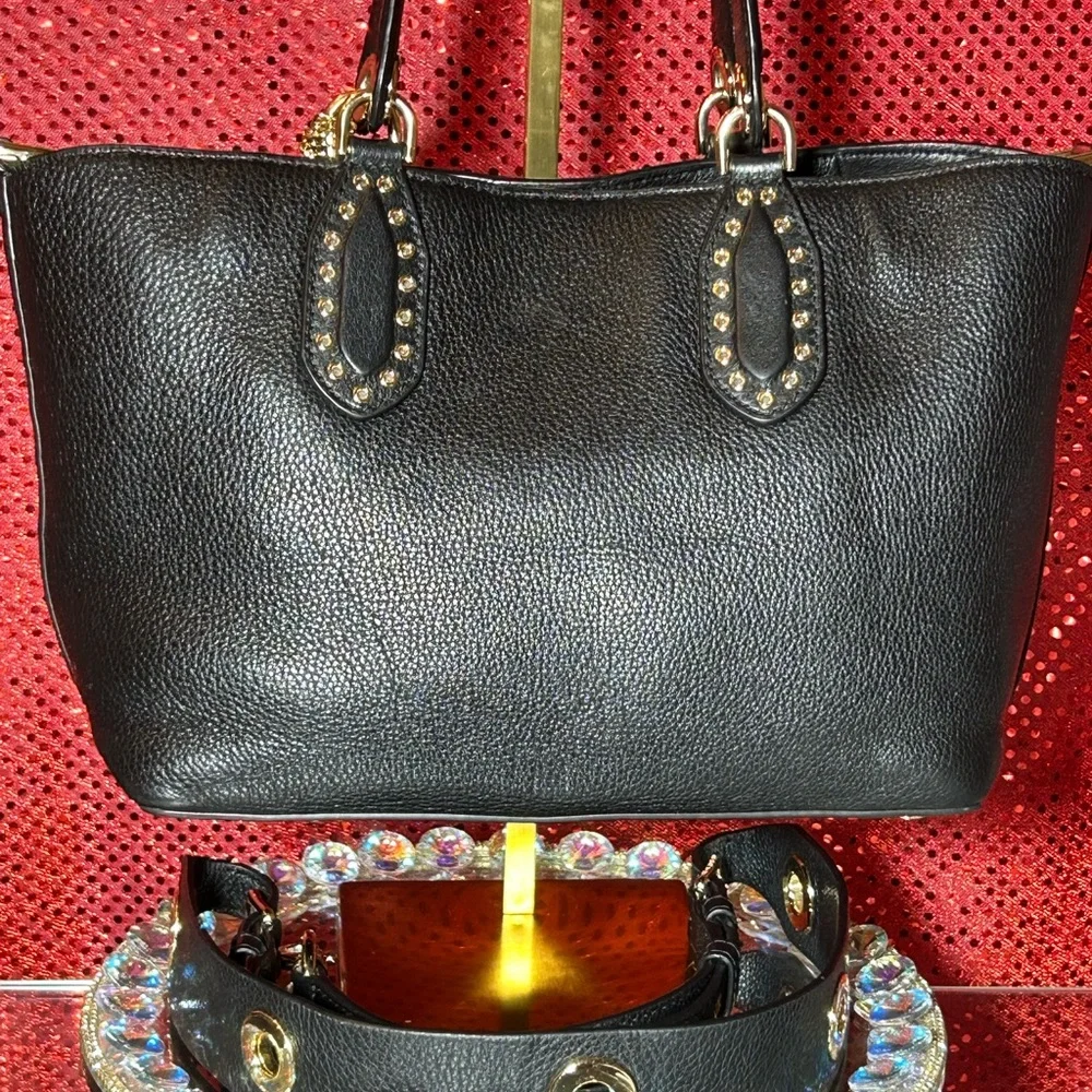 Michael Kors Black Pebbled Leather Brooklyn Satchel Bag/Gold Studs 13”x 8”x 4.5” - Picture 3 of 14